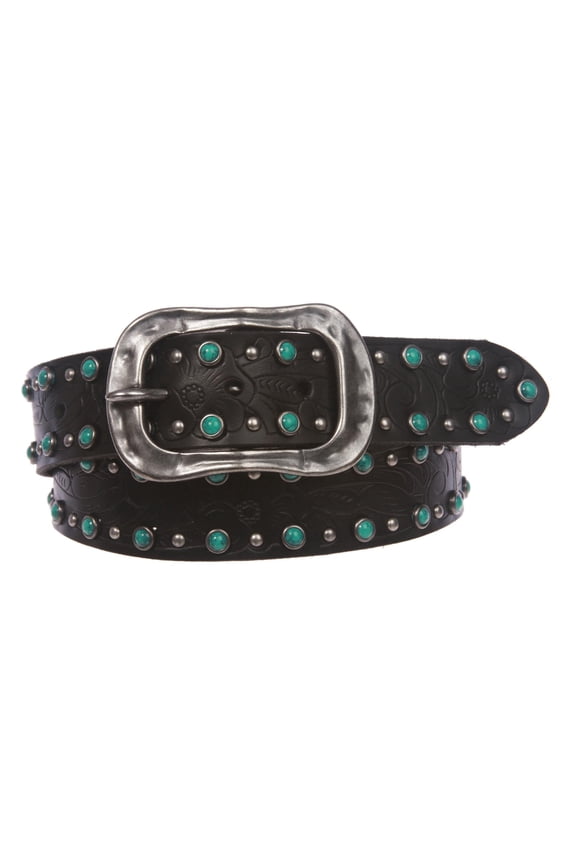 1 1/2" Snap On Floral Engraving Turquoise Studded Leather Belt