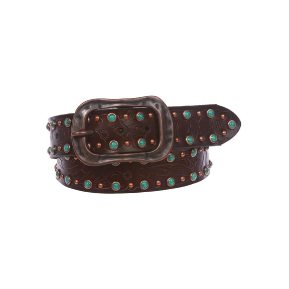 1 1/2" Snap On Floral Engraving Turquoise Studded Leather Belt