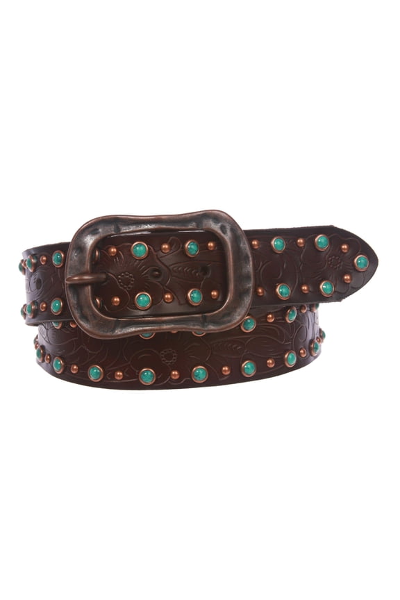 1 1/2" Snap On Floral Engraving Turquoise Studded Leather Belt