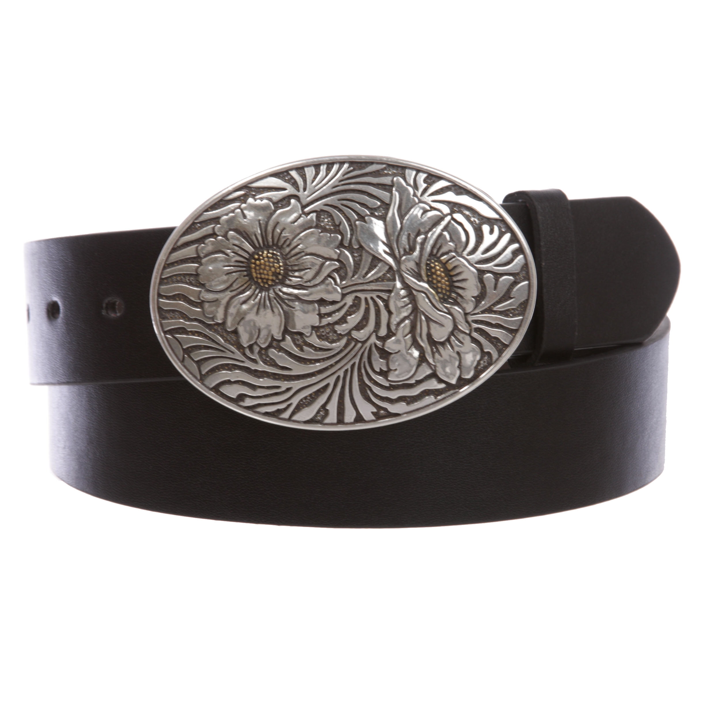 Western Floral Engraved Oval Buckle Leather Belt - Black Rhinestone Crystal Oval Belt Buckle Antique Silver Full  main image 2