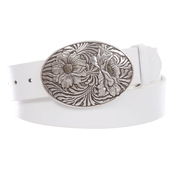 1 1/2" Snap On Oval Sunflower Engraving Buckle With Leather Belt