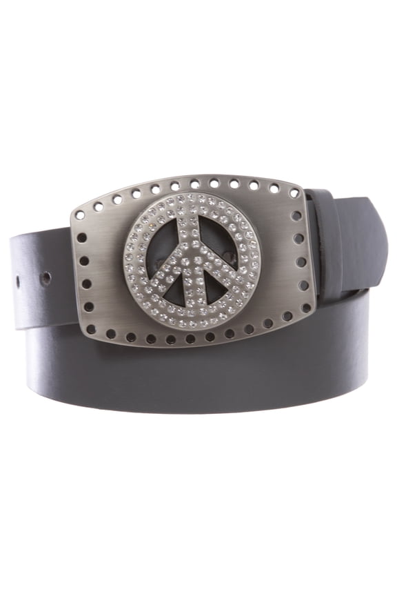 1 1/2" Snap On Rhinestone Peace Symbol Love Sign Hollow Out Buckle With Leather Belt