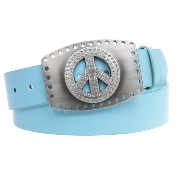 1 1/2" Snap On Rhinestone Peace Symbol Love Sign Hollow Out Buckle With Leather Belt