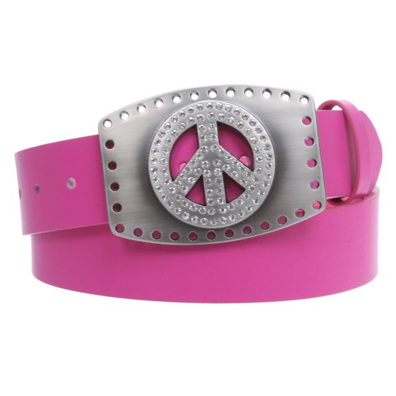 1 1/2" Snap On Rhinestone Peace Symbol Love Sign Hollow Out Buckle With Leather Belt