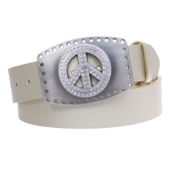 1 1/2" Snap On Rhinestone Peace Symbol Love Sign Hollow Out Buckle With Leather Belt