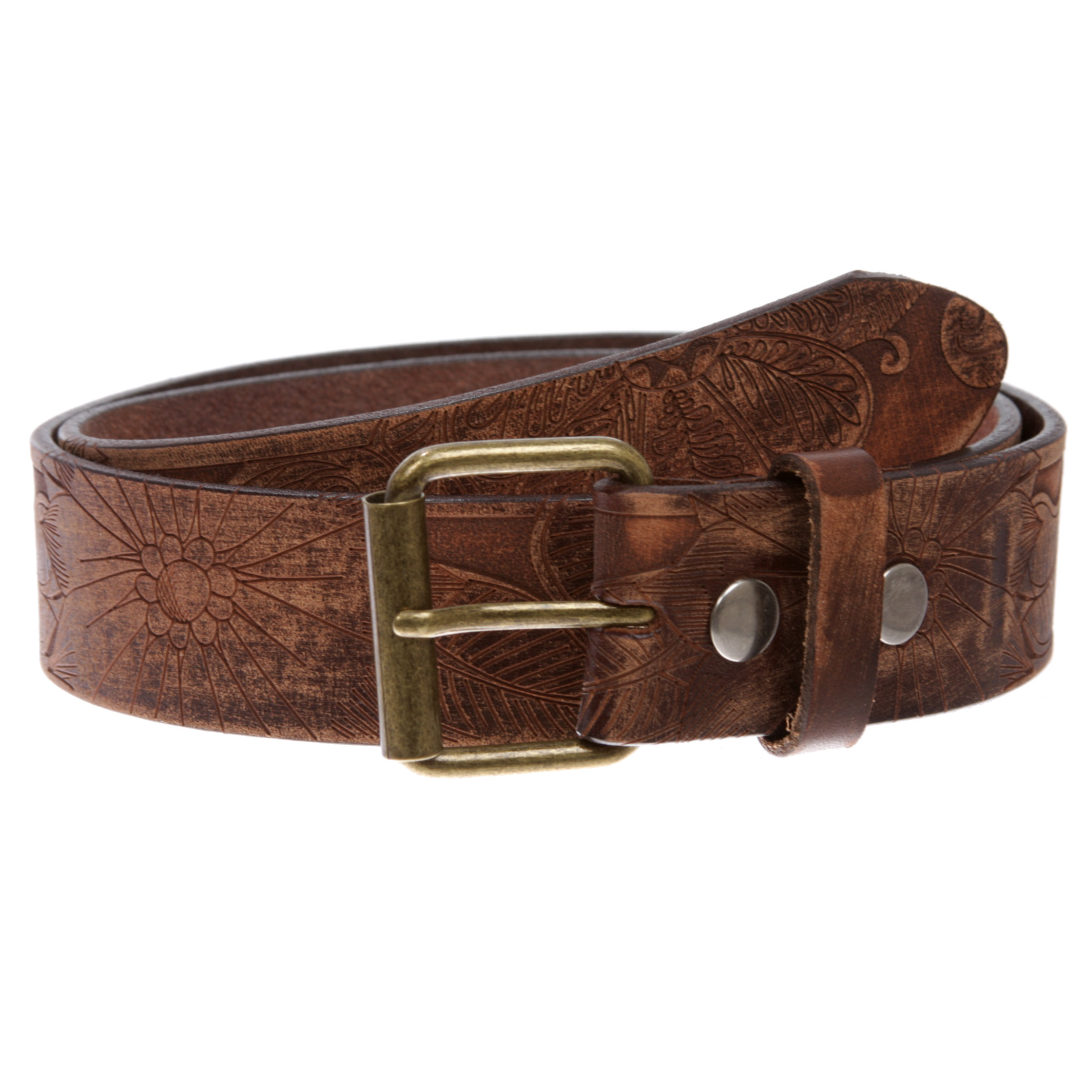 Cintura In Pelle Pieno Fiore Bovina Con Incisione Floreale Fatta A Mano – Fibbia A Scatto 3,8 Cm – Marrone Vintage