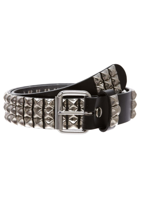 1 1/2" Snap On Three Row Punk Rock Star Metal Silver Studded Cowhide Leather Belt