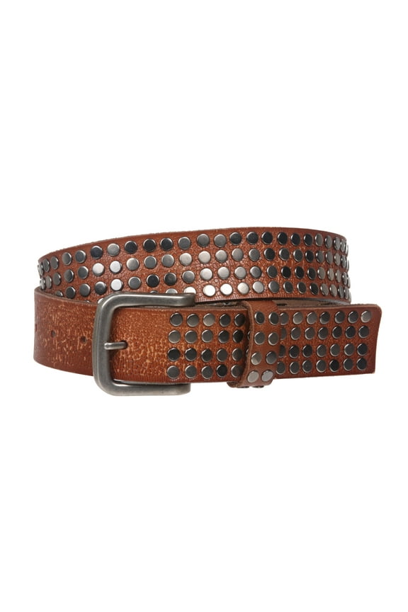 1 1/2" Snap on Antique Silver Circle Metal Studded Distressed Leather Belt