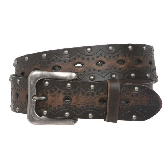 1 1/2" Snap on Perforated Studded Vintage Embossed Solid Leather Jean Belt