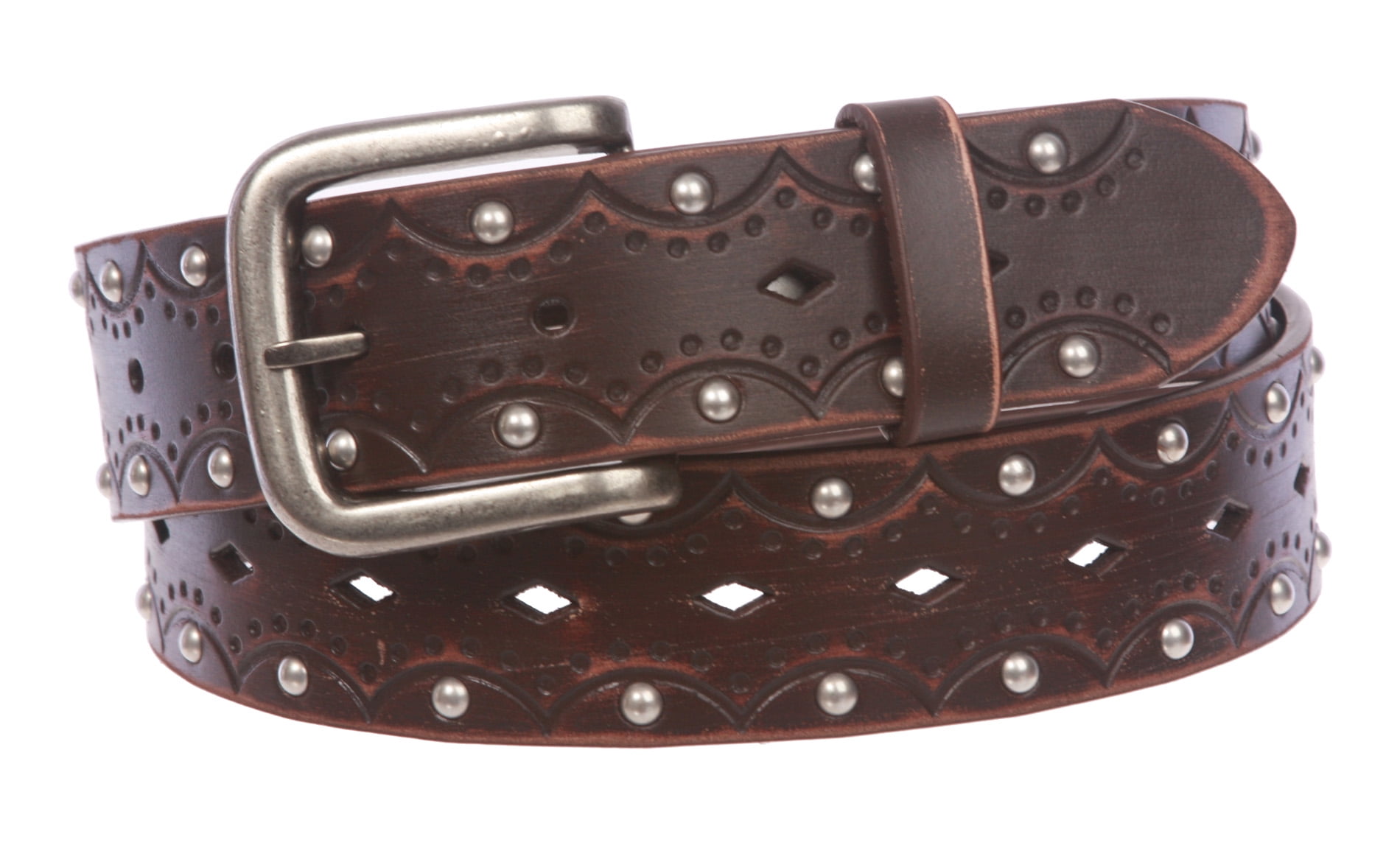 1 1/2 Inch Snap-On Perforated Studded Leather Jean Belt - Vintage Embossed Solid Leather