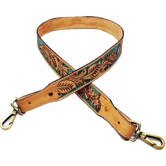 1 1/2" Wide Western Handcrafted Floral Tooled Turquoise Inlay Full-Grain Leather Handbag Purse Messenger Laptop Luggage Crossbody Bag Guitar Replacement Adjustable Shoulder Strap 115RS10
