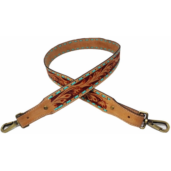 1 1/2" Wide Western Handcrafted Floral Tooled Turquoise Laced Full-Grain Leather Handbag Purse Messenger Laptop Luggage Crossbody Bag Guitar Replacement Adjustable Shoulder Strap 115RS08