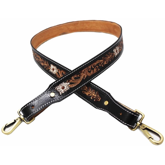 1 1/2" Wide Western Handcrafted White Flower Painted Floral Tooled Full-Grain Black Leather Handbag Purse Messenger Laptop Luggage Crossbody Bag Guitar Replacement Adjustable Shoulder Strap 115RS07