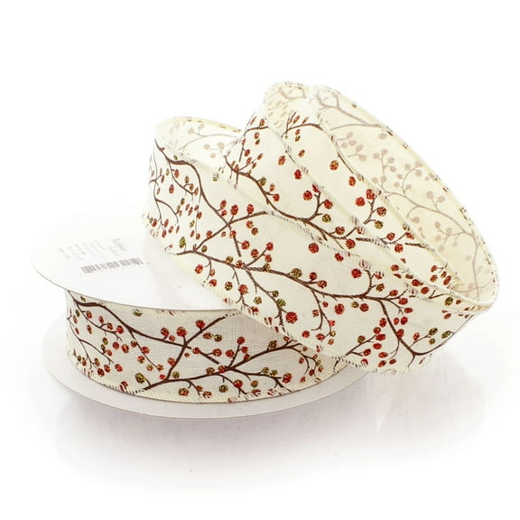 1 1/2" Wired Ribbon Berry Branch Twigs Glitter Off-White 10yds