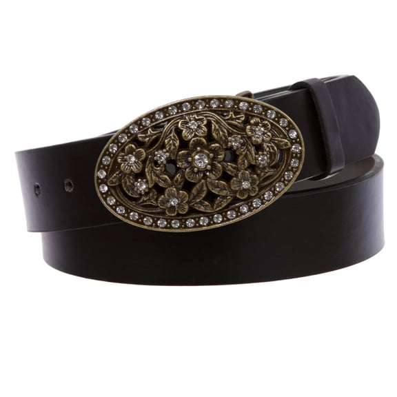 1 1/2" Women's Snap On Belt With Oval Perforated Engraved Crystal Rhinestone Western Floral Buckle