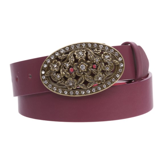 1 1/2" Women's Snap On Belt With Oval Perforated Engraved Crystal Rhinestone Western Floral Buckle