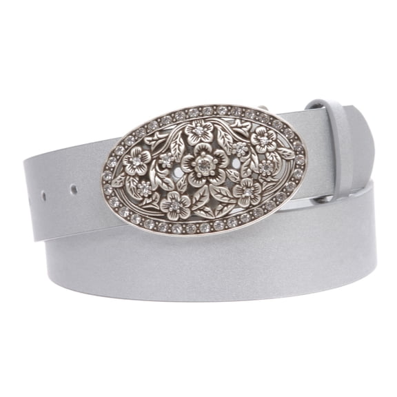 1 1/2" Women's Snap On Belt With Oval Perforated Engraved Crystal Rhinestone Western Floral Buckle