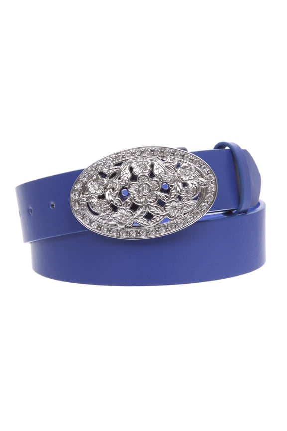 1 1/2" Women's Snap On Belt With Oval Perforated Engraved Crystal Rhinestone Western Floral Buckle
