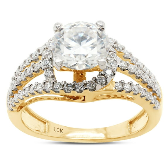 1 1/2 ct. t.w Center 6.5MM Round Cut Lab Created Moissanite Diamond Split Shank Crossover Halo Bypass Engagement Ring In 10K Solid Yellow Gold(G-H Color, VVS1 Clarity,1.50 Cttw)-6.5