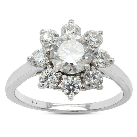 1 1/2 ct. t.w Center 6MM Round Cut Lab Created Moissanite Diamond Halo Flower Engagement Ring For Women In 10K Solid White Gold (G-H Color, VVS1 Clarity, 1.50 Cttw)-5.5
