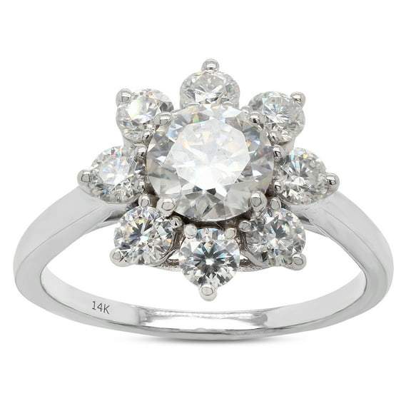 1 1/2 ct. t.w Center 6MM Round Cut Lab Created Moissanite Diamond Halo Flower Engagement Ring For Women In 14K Solid White Gold (G-H Color, VVS1 Clarity, 1.50 Cttw)-5.5