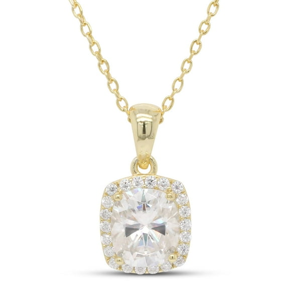 1 1/2 ct. t.w Center 7X8MM Cushion Cut Lab Created Moissanite Diamond Halo Pendant Necklace In 14k Yellow Gold Over Sterling Silver, 18" Chain (VVS1 Clarity, 1.50 Cttw)
