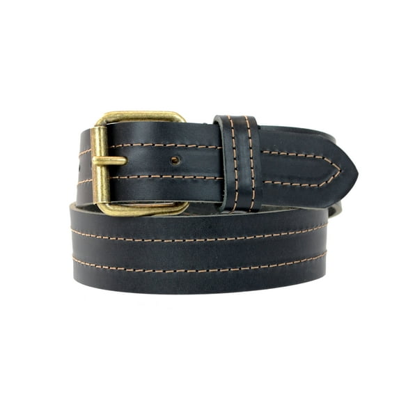1-1/2 in. US Steer Hide Leather Double Stitch Men's Belt with Antique Brass Finish Roller Buckle- Balck