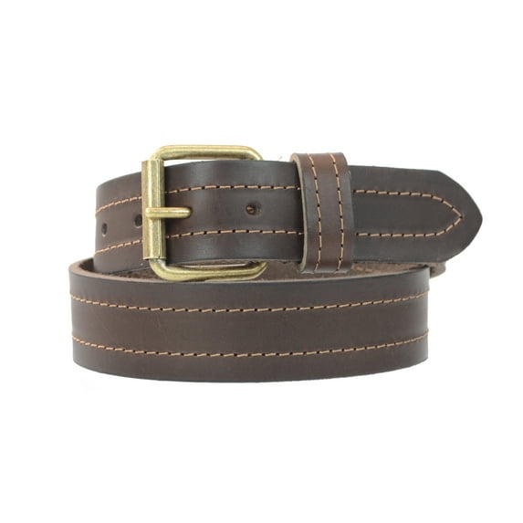 1-1/2 in. US Steer Hide Leather Double Stitch Men's Belt with Antique Brass Finish Roller Buckle- Brown