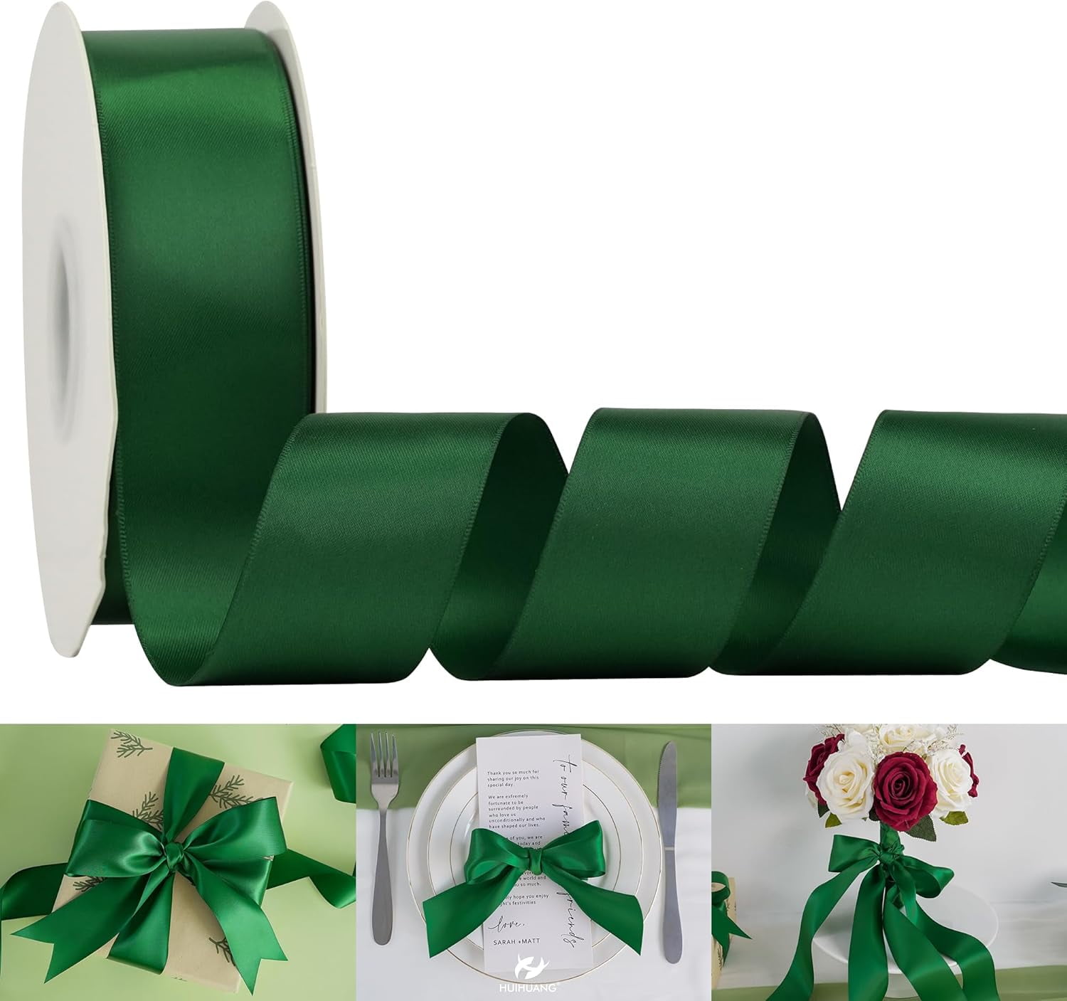 1-1/2 inch Double Face Satin Ribbon, Polyester Forest Green Ribbon 50 Yards Per Roll for Gift Wrapping Bows Making Floral Bouquet Christmas Tree Decor Party Favor and Craft Supplies