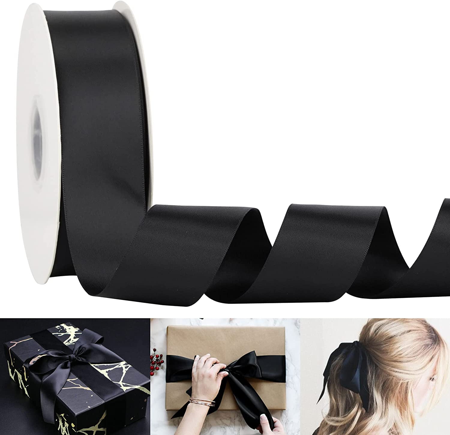 1-1/2 inch Double Face Satin Ribbon, Polyester Satin Black Ribbon 50 Yards Per Roll for Gift Wrapping Bows Making Floral Bouquet Wedding Decor Baby Shower Party Favor and Craft Supplies