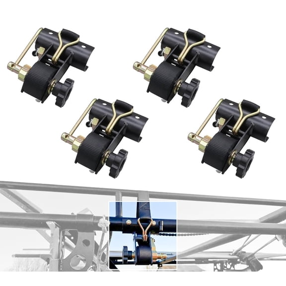 2 Pack 1-1/2" x 7' Ladder-Rack Ratchet Tie-Down Straps Pair with Round Tube Mount & Double J Hook – Heavy-Duty Zinc-Plated & Black Powder-Coated for Truck Rack Load Securement