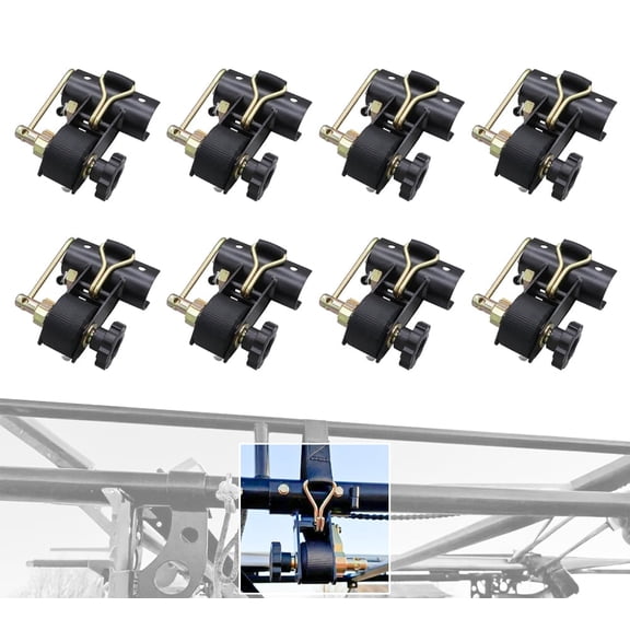 4 Pack 1-1/2" x 7' Ladder-Rack Ratchet Tie-Down Straps Pair with Round Tube Mount & Double J Hook – Heavy-Duty Zinc-Plated & Black Powder-Coated for Truck Rack Load Securement