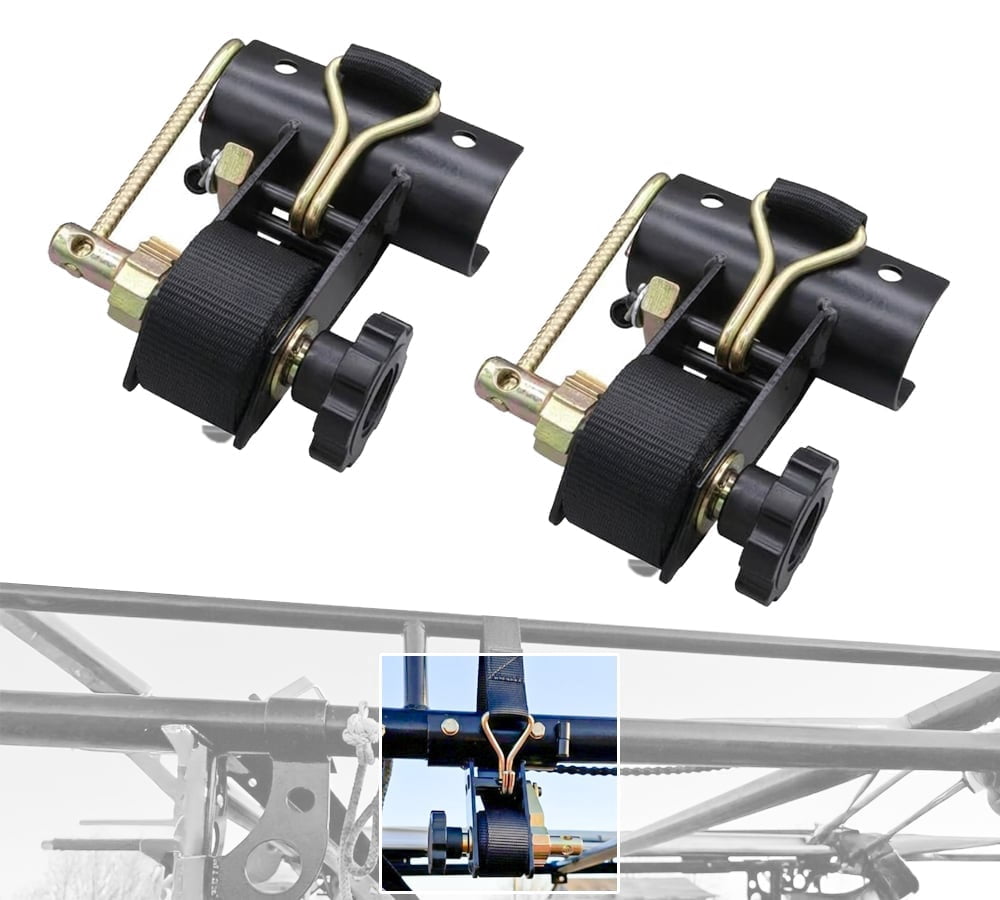 1-1/2" x 7' Ladder-Rack Ratchet Tie-Down Straps Pair with Round Tube Mount & Double J Hook – Heavy-Duty Zinc-Plated & Black Powder-Coated for Truck Rack Load Securement