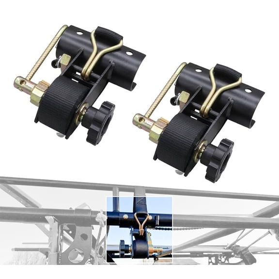 1-1/2" x 7' Ladder-Rack Ratchet Tie-Down Straps Pair with Round Tube Mount & Double J Hook  Heavy-Duty Zinc-Plated & Black Powder-Coated for Truck Rack Load Securement