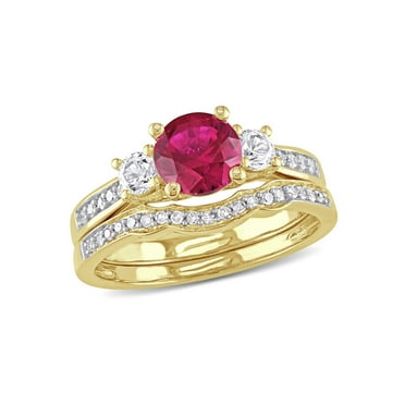 1 1/3 Carat (Ctw) Lab-Created Ruby and White Sapphire with Diamond Bridal Wedding Set Engagement Ring 10K White Gold