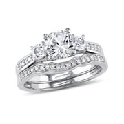 GEM AND HARMONY 1 1/3 Carat (Ctw) Lab-Created White Sapphire with Diamond Bridal Wedding Set Engagement Ring in 10K White Gold