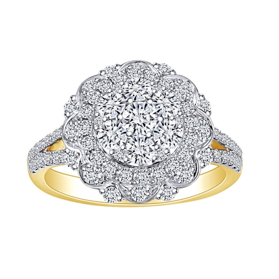 AFFY 1 1/3 Carat Round Shape White Natural Diamond Flower Cluster Engagement Ring In 14k Solid Yellow Gold (1.33Cttw) Ring Size-7