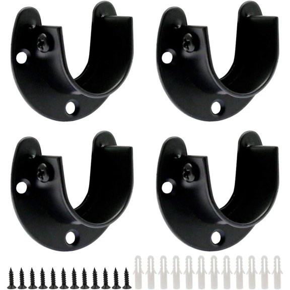 1-1/3 Inch Heavy Duty Stainless Steel Closet Rod Brackets, Black U-Shaped Wardrobe Flange Holders, 4 Pack, Black
