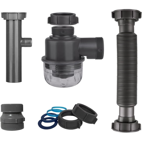 1-1/4" and 1-1/2" PVC Bottle Trap Plumbing Kit with Threaded Adapter, Sink Drain kit for Bathroom and Kitchen, P-Trap Replacement, Flexible Extension Tube Drain Tailpiece