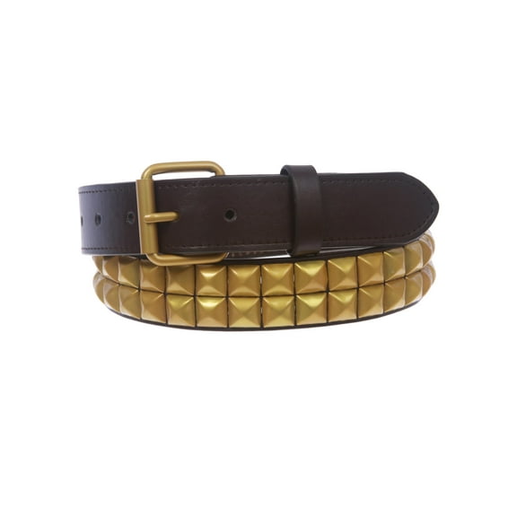 1 1/4" (33 mm) Snap On Two Row Punk Rock Star Brass Studded Leather Belt