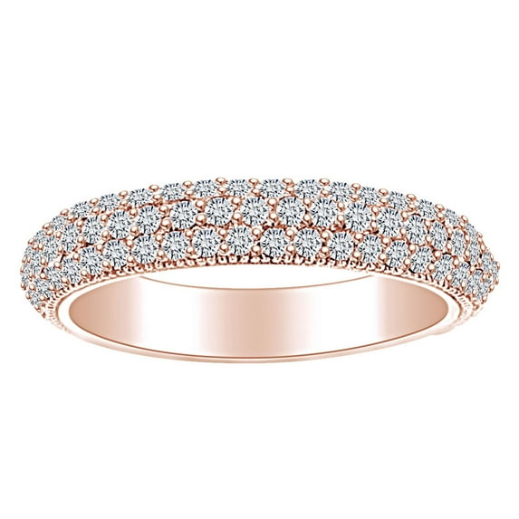 AFFY 1 1/4 Carat Round Shape White Natural Diamond Three Row Wedding Band Ring In 14k Solid Rose Gold (1.25 Cttw) Ring Size-9