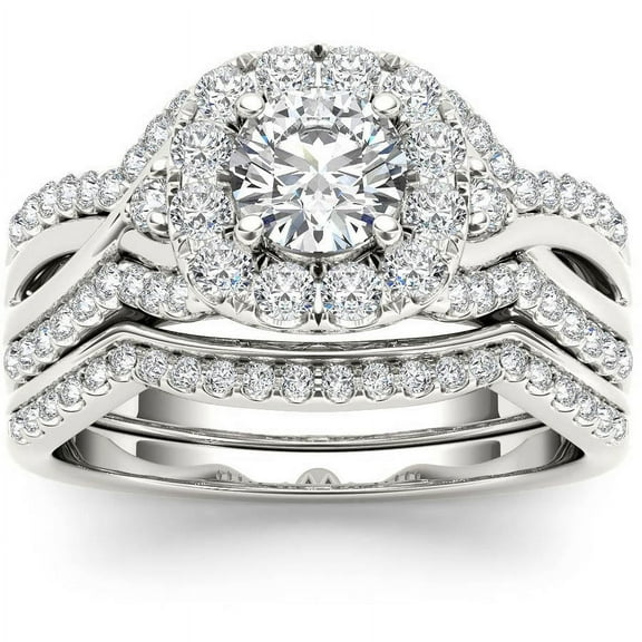 1-1/4 Carat T.W. Diamond Criss-Cross Shank Halo 14kt White Gold Engagement Ring Set