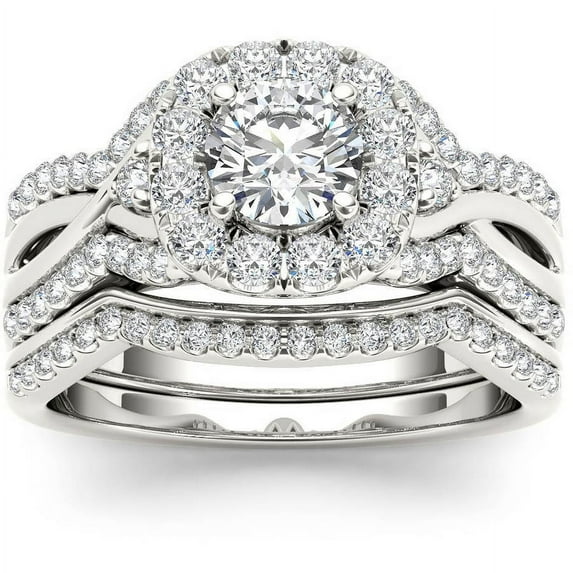 1-1/4 Carat T.W. Diamond Criss-Cross Shank Halo 14kt White Gold Engagement Ring Set