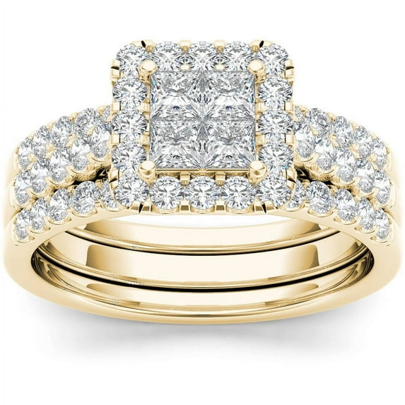 1-1/4 Carat T.W. Diamond Single Halo Cluster Two-Band 14kt Yellow Gold Engagement Ring Set