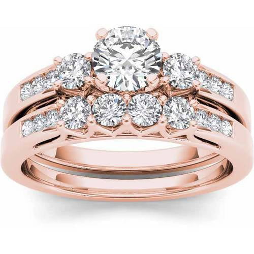 1-1/4 Carat T.W. Diamond Three-Stone 14kt Rose Gold Engagement Ring Set