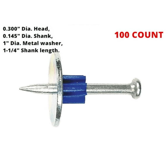 1-1/4" Drive Pins with 1" Washers for Attaching Furring Strips to Steel Concrete Wall Block, PAT Steel Concrete Drive Pins, Powder Actuated Fastener Pins, 100/PKG