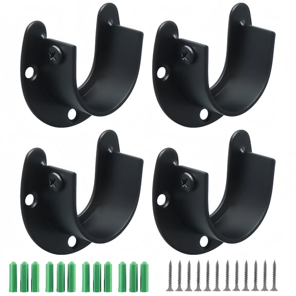 4 Pack Black Stainless Steel Clothing Tube Holder,U-Shaped Closet Rod Brackets, Heavy Duty Wall Mount Clothes Rail Supports for Wardrobe, Curtain Rod, Bathroom & Kitchen Storage, with Screws and Anch