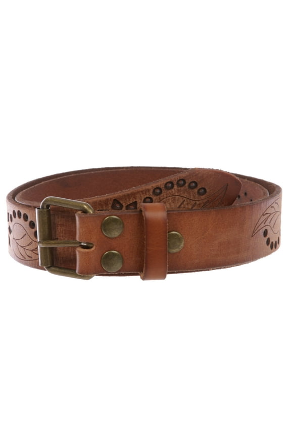 1 1/4" Snap On Embossed Floral Leaf Perforated Vintage Soft Cowhide Full Grain Thick Leather Casual Jean Belt