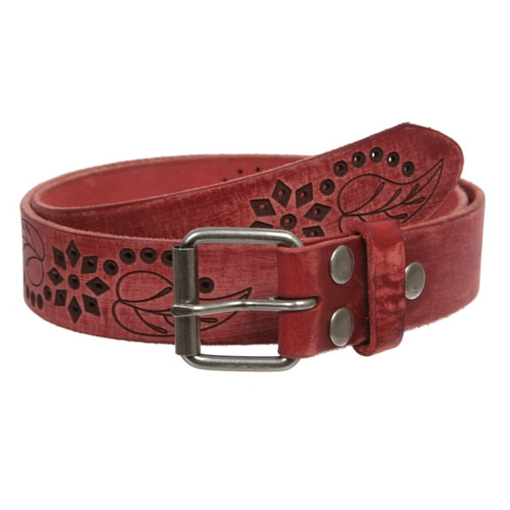 1 1/4" Snap On Embossed Floral Leaf Perforated Vintage Soft Cowhide Full Grain Thick Leather Casual Jean Belt