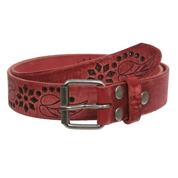 1 1/4" Snap On Embossed Floral Leaf Perforated Vintage Soft Cowhide Full Grain Thick Leather Casual Jean Belt